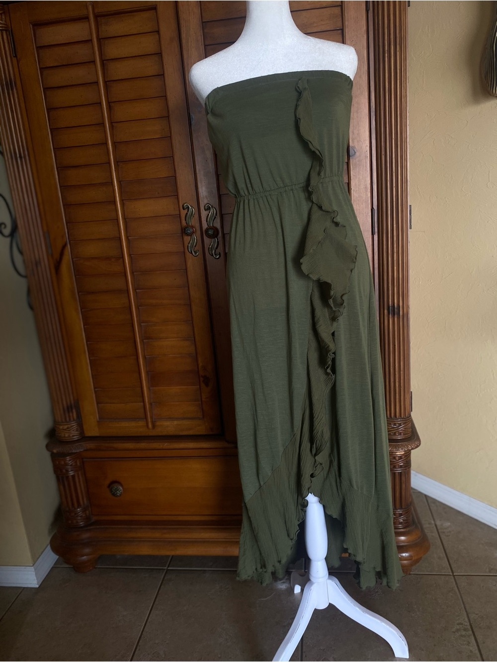 Mudd Olive Green Strapless Ruffle Maxi Dress